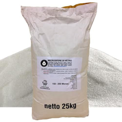 LordsWorld - Sabbia Microsfere di Vetro per Sabbiatrice, 6-7 Mohs, Riutilizzabili 6-7 Volte. Sabbia per Sabbiatrice, Alluminio, Legno, Carrozzerie, Vespa, Edile e Sverniciatore (25Kg, 150-250 Micron)