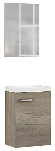 Baikal Meuble de Salle de Bain 40cm. Comprend Meuble, évier et Miroir. Mélamine 16. Meubles à Fonds réduit. Distribution Une Porte. Finition Chêne. Meubles ASSEMBLES.