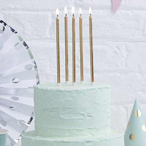 Ginger Ray Gold Metallic Tall Birthday Party Cake Designer Candles 24 Pack Including Holders
