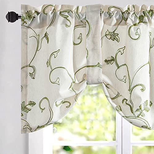 VOGOL Grüne Ranken-Stickgardine mit Höhenverstellbaren Bändern 132x49cm - Landhausdesign Leinenvorhang für Gemütliche Dachschräge & Landhausflair, Stangentaschen