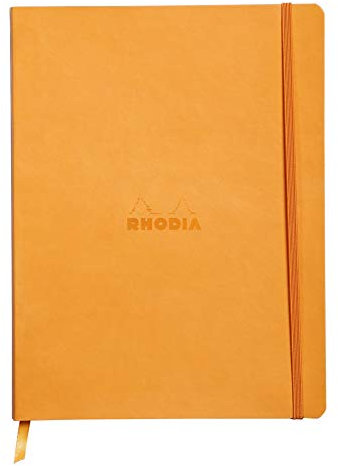 RHODIA 117515C - Orange Flexible Notebook - 19x25 cm - Lined - 160 pages - Clairefontaine Ivory Paper 90 g/m - Bookmark, Elastic Closure - Faux Leather Cover - Rhodiarama Collection