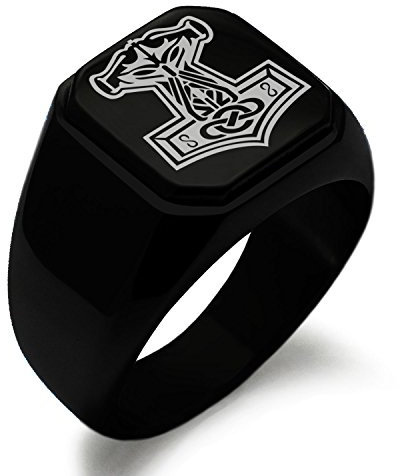 Black IP Plated Stainless Steel Mjolnir Thor's Hammer Viking Norse Symbol Engraved Square Flat Top Biker Style Polished Ring, Size U 1/2