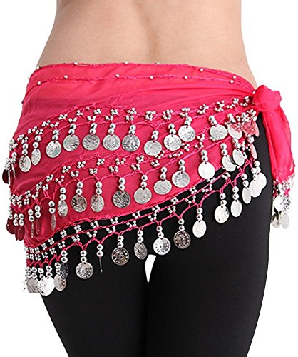 YiLang Orientaler Tanzgürtel für Damen und Mädchen, Bauchtanz, Seide, Schal mit Pailletten, Kostüm, Rot (Rouge Rose), One Size
