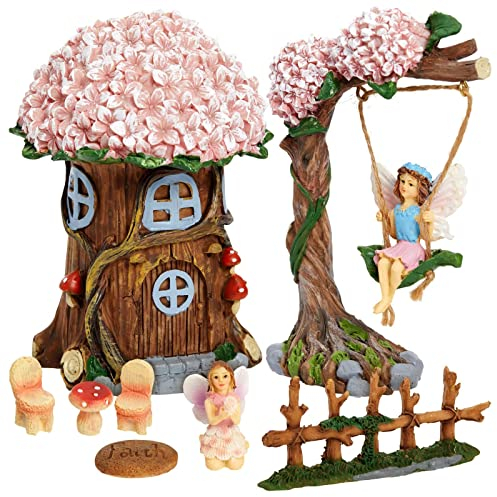 Miniatur-Feengarten-Set, 8 Ornamente, Gartendekoration mit Feenhaus, Fee auf Schaukel, Zaun, Stein, Fee auf Knien und Pilz-Tisch mit Stühlen