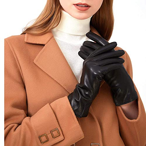 ZLUXURQ Damen Leder Handschuhe echtes Lammleder und mit Kaschmir Wolle gefütterte warme Winter Handschuhe