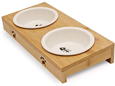 Pfotenolymp® Premium Futterstation/Futternapf für Katzen aus Bambus/Holz - 2 Näpfe für Deine Katze für Wasser und Futter (Weiß)