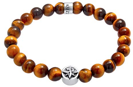 Kuzzoi Buddha Herren Armband aus 925 Sterling Silber oxidiert, Naturstein Armband Tigerauge mit Silber Beads, Maritimes Windrose-Kompass Symbol, elastisch, Energiearmband, Länge 19 cm
