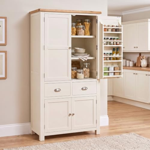 The Furniture Market Cotswold Cream Painted Double Kitchen Larder Pantry Cupboard - Spacious Storage Solution, Adjustable Shelves, Perfect for Kitchen or Dining Room - H 1900mm x W 1000mm x D 550mm