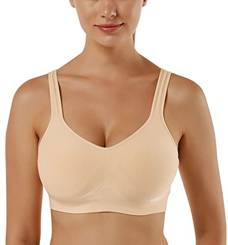 Vertvie Damen 1/2/3er Set Sport BH Einfarbig Ohne Bügel Bustier Klassische Bequem Stretch Bra Mittle Halt Gepolstert Wohlfühl-BH(Beige,L)