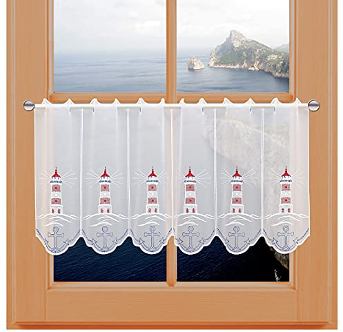 kollektion MT Bestickte Badgardine Leuchtturm mit Anker Moderne Küchengardine Scheibenhänger aus Vogtländischer Spitze 40 x 80 cm
