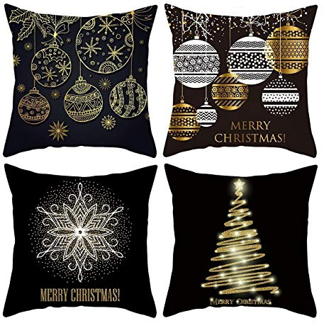 Homxi Kissenbezug Weihnachten 4er,Kissenbezüge Weihnachten 40 x 40cm,Weihnachtsbaum Weihnachtskugeln Schneeflocke Merry Christmas,Kissenhüllen Polyester Schwarz Gold