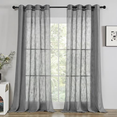 Deconovo Voile Halbtransparent Vorhang mit Ösen Dekoschal Leinentextur Vorhänge Luftige und Lichtdurchlässige Gardinen Kinderzimmer, 245x140cm(HöhexBreite), Grau, 2er Set