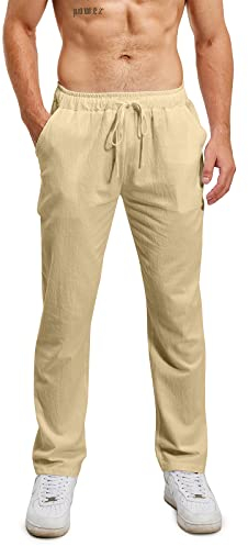 Lanckeli Herren Leinen Sommer Strand Yoga-Hose mit Kordelzug, Lässige, Lockere und Leichte Lange Hose.