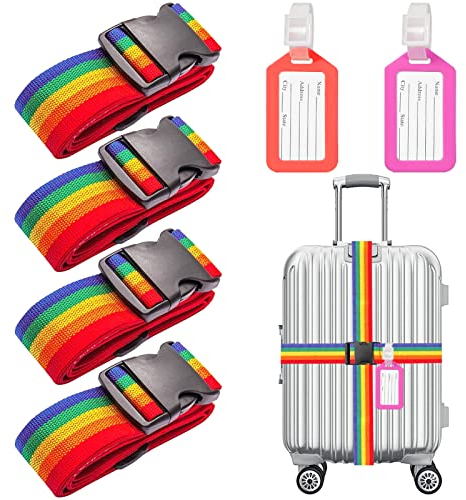 4 Stück Koffergurt,Inkl. 2 Kofferanhänger mit Adressschild,Kreuz Gepäckgurt,Praktisches Gepäckband,Verstellbare Reisegürtel mit Schnalle,Koffer Packgürtel Reiseaccessoires (Bunt)