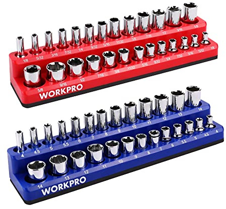 WORKPRO 1/4-inch Magnetic Socket Organizer Set, 2-Piece SAE & Metric Socket Holders, Holds 52 Standard and Deep Sockets for Tool Box, Tool Carts (Sockets Not Included)