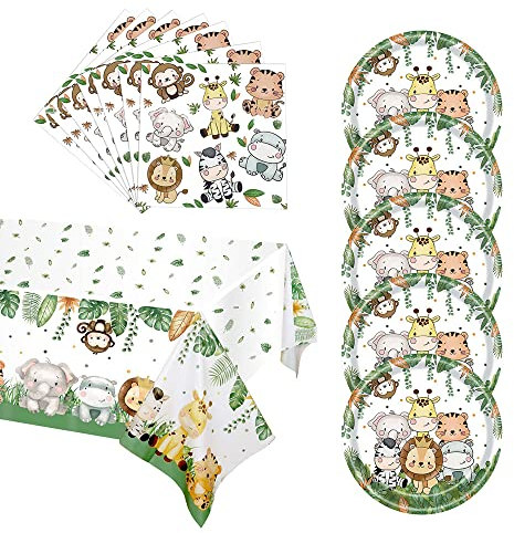 UYUYong Juego de Vajilla para Fiesta Temática de Safari en la Selva 40 Piezas Platos y Servilletas de la Selva + Mantel de la Selva para Baby Shower Niño Cumpleaños Decoraciones