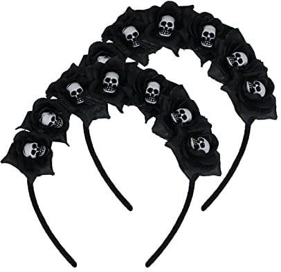 2 Pack Halloween Floral Headband Gothic Rose Crown Headdress Skull Headpiece Black Flower Hair Wreath Fancy Dress Día de Los Muertos Headpiece Day of The Dead Headband Costume Accessory