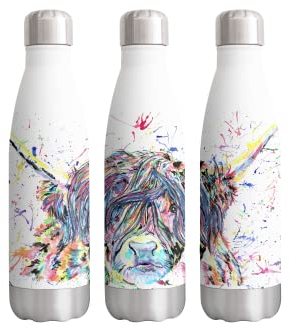 Vixar Highland Cow Scottish farm animals Watercolour rainbow art Bottle double Wall insulated Stainless steel sport Drinks 500ml Gift ideal for school work office oudoor