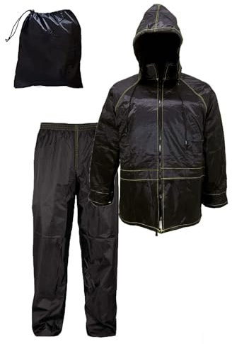 Susy Shop Traje de moto impermeable antilluvia y cortavientos | con bolsa | Negro | Conjunto chaqueta y pantalón - Capucha retráctil | Hombre Mujer | Scooter Bicicleta | Kit lluvia, Negro , S