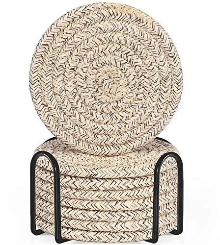 ABenkle 8 Pcs Drink Coasters with Holder, Cotton Woven Absorbent Coasters for Drinks, Minimalist Home Decor Coaster Set for Wooden Tabletop Protection Table, 4.3 inches Mixed Brown