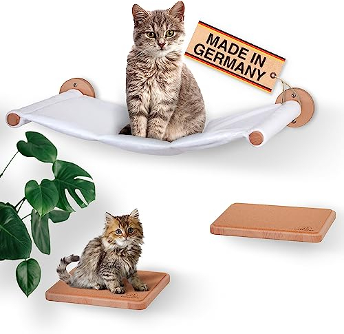 Curious Paw Kletterwand Katzen inkl. wolkenweicher Katzenhängematte - extra große Stufen aus hochwertigem Buchenholz (Made in Germany)