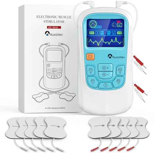 Auxoliev Dual Channel TENS Machine for Pain Relief,TENS & EMS Machine | Stimulator with 25 Modes, 50 Intensities, TENS Machine Gift of 10TENS Replacement pad，Rechargeable TENS Machine (Blue) | Stimulator with 25 Modes, 50 Intensities, TENS Machine Gift of 10TENS Replacement pad，Rechargeable TENS Machine (Blue)