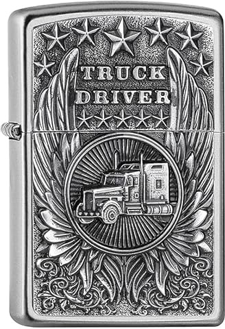 Zippo Sturmfeuerzeug - Trucker, Satin Chrome, Emblem - Nachfüllbar - Wiederverwendbar - Windfestes Design - Geschenkbox - Made in USA