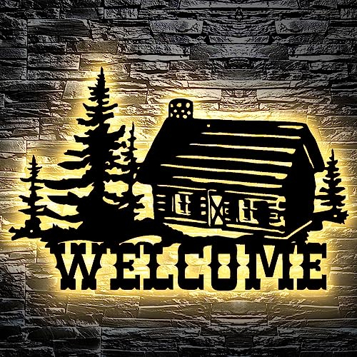 LEON FOLIEN Led Welcome Haus Wand Deko Dekoration Geschenke Aus Mdf Holz für Männer Frauen Jäger Familie Family Weihnachtsdeko Waldhaus - Batteriebetrieb