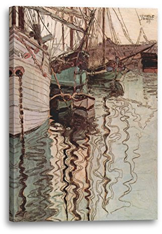 Leinwandbild (30x40cm) Egon Schiele: Segelschiffe im wellenbewegtem Wasser (Der Hafen von Triest), Leinwand auf Keilrahmen gespannt und fertig zum Aufhängen, hochwertiger Kunstdruck aus deutscher P..