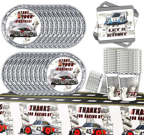 Car Kit Party Supplies Party Tableware, Articles de Fête pour Voiture de Course - Décorations de Fête d'anniversaire pour Garçons Nappes Assiettes Tasses Serviettes Sert 20 Invités