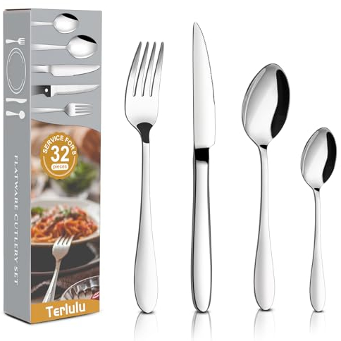 Cutlery Set, 32 Piece Stainless Steel Flatware Set, Tableware Silverware Set with Spoon Knife and Fork Set, Mirror Polished, Dishwasher Safe - Service for 8