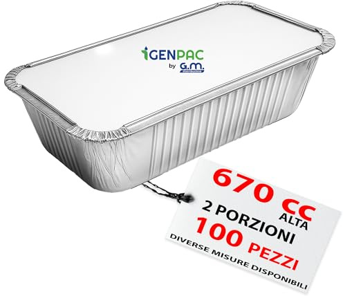 GM – 100 Contenitori Alluminio 2 Porzioni Alta 670 cc con 100 Coperchi Alluminizzati, Vaschette per Alimenti Ideali per Forno, Congelamento, Gastronomia e Asporto Professionale