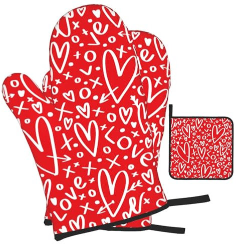 Juego de guantes de horno y soportes para ollas para el día de San Valentín, corazones rojos, guantes de horno resistentes al calor de 500 grados y almohadilla caliente para cocinar, barbacoa,