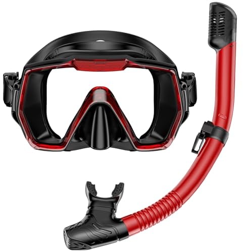 Snorkel Set Adults Snorkeling Gear Anti-Leak and Anti-Fog Tempered Glass Lens Panoramic View Swim Mask Dry Top Snorkel Kit for Snorkeling Scuba Diving Swimming Travel with Carry Bag Red