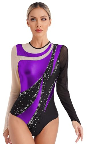 FEESHOW Damen Turnanzug Glitzer Langarm Patchwork Body mit Strass Gymnastik Tanz Trikot Ballett Leotard Eislaufen Tanzkleidung