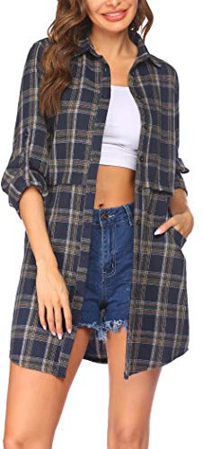 Hotouch Chemisier à Carreaux pour Femme Chemisier Traditionnel à Manches Longues Chemise Décontractée en Coton Patte de Boutonnage Tunique à Carreaux Hauts Chemises en Flanelle Blau S