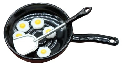 Perfeclan Set mit Bratpfanne und pochierten Eiern im Maßstab 1:12, Simulationszubehör, Spielzeug, Landschaftsbedarf, Harz-Minimodell für Puppenhaus