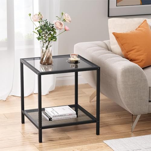 SAYGOER Small Side Table Glass End Table with Mesh Storage Shelf for Small Spaces Modern Square Bed Nightstand Couch Table for Living Room Bedroom, Easy Assembly,Grey Black