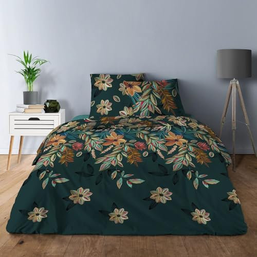 Alpes Blanc - Housse de Couette Botanical Garden + taie(s) carrées – 100% Coton 57 Fils/cm² - Motif Fleuri Exclusif – Finition Rabat à Border