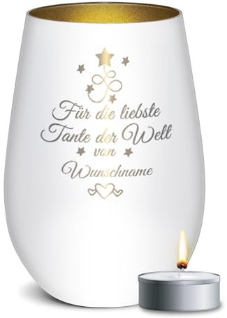 PR Print Royal Weißes Windlicht mit Gravur - Für die liebste Tante - mit Name Personalisieren - Geschenke für Tante | Individuelle Gravur inkl. Teelicht, 450 ml, Innen Gold