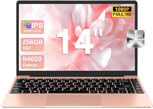 bvate Ordinateur Portable 14 Pouces 256 Go Win 11 N4020 Support Expansion 1 to SSD 1080P 2.4G+5G WiFi Mini HDMI & Souris sans Fil et Un Film de Clavier AZERTY pour Clavier - Or Rose