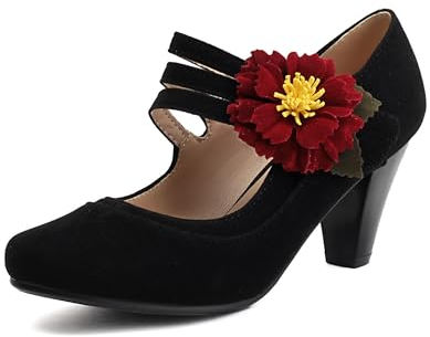 elerhythm Damen Mary Jane Blume Ankle Strap Vintage Heels Gatsby 1920er Jahre Pumps Geschlossene Runde Zehe 1950er Viktorianische Retro Schuhe (Schwarz EU40)