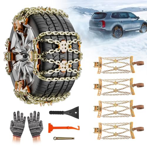 GOHHME Schneeketten 4 PCS Eisen Reifen Ketten mit Eiskratzer für Alle Fahrzeugtypen Verbesserte Traktion mit Metallgriff-Schnallen Neue Verbesserung: Automatische Zahnradschnallen 165mm-275mm