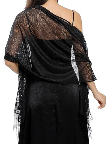 Yphzmtz Maschenware Spitze Stola mit Quasten Glamour Schal Tücher Mesh Umschlagtuch für Hochzeit Abendkleid Party Damen Festlich 185x65 cm Schwarz