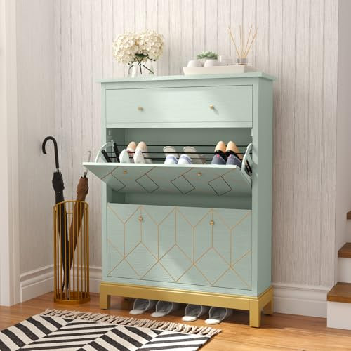 HOLTICO Schuhschrank mit 2 Klappen und 2 Schubladen,Schuhregal Schuhkipper Schmal Schuhablage Verstellbar Schuhkommode Hoch für Eingangsbereich,Grün