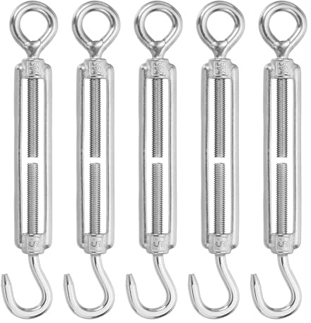 sourcing map M5 Hook and Eye Turnbuckles for Cable Wire Rope Tension, 304 Stainless Steel Turnbuckle Adjustable for Shade Sail String Light Hanging Pack of 5