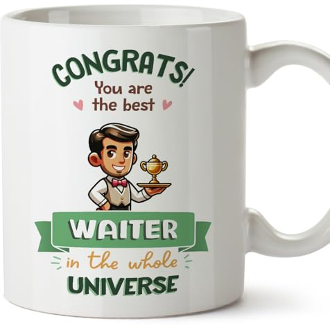 MUGFFINS Waiter Man Mug - in English - Best in Universe Trophy - Funny Gift for Colleagues - Ceramic 11oz Mug