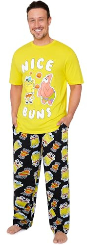 Spongebob Schwammkopf Schlafanzug Herren Pyjama Set mit Shirt und Langer Hose Lustiger Hausanzug Geschenk für Männer (2XL, Gelb/Schwarz)