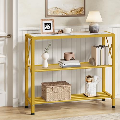 Hoctieon Industrial Console Table, 3 Tier Entryway Table, Metal Frame, Sofa Tables with Shelf, Hallway Desk, Entrance Tables for Entryway, Living Room, Foyer, Hallway, Gold and White