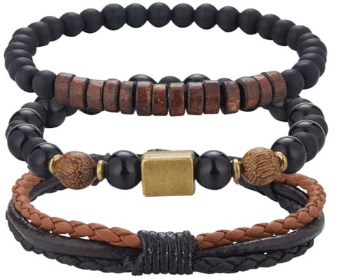 Dazylleco 3 Stück Perlenarmband für Herren Naturstein Armband Schwarz Edelstahl Leather Armkette Armband Verstellbare Schmuck Set Herren Geschenk Vatertag für Männer(89-Square)